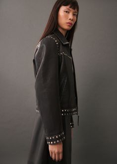 Studded leather jacket - Woman | MANGO USA Studded Leather Jacket, Stud Fashion, Studded Jacket, Fashion Illustration Dresses, Studded Leather, Women Life, Leather Jackets Women, Boho Outfits, Fashion Illustration