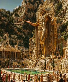 the golden statue is surrounded by people in front of a rocky mountain range and pool