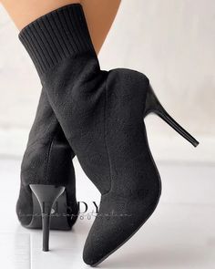 Fisdy - Botines de tacón de aguja con estampado de leopardo de alta calidad y tejido transpirable Boots Pattern, Classic Black Dress, Boots Patterns, Long Sleeve Evening Dresses, Socks And Heels, Chic Type, Heel Ankle Boots, Estilo Chic, Pointed Toe Heels