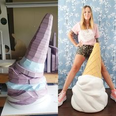 a woman is posing next to an ice cream cone sculpture and another photo of her