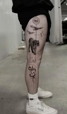 a man's legs with tattoos on them and an image of a tiger in the middle