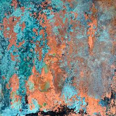 an abstract painting with orange and blue colors on the outside, as well as rusted metal