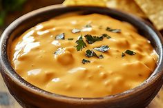 a wooden bowl filled with sauce and chips