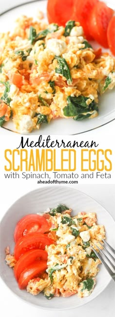 scrambled eggs with spinach, tomatoes and feta on a white plate next to a fork