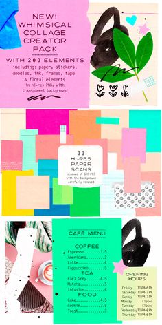 a collage of different colored papers with text and images on them, including the words cafe menu