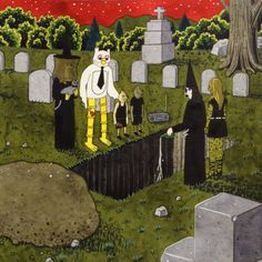 a painting of people standing in a graveyard