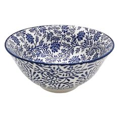 a blue and white bowl on a white background