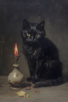 a painting of a black cat sitting next to a candle