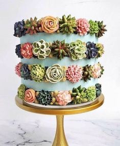 there is a cake decorated with succulents and flowers