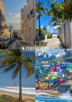 four different pictures of the same street in puerto rico, including buildings and palm trees