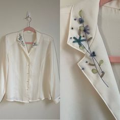 two pictures one shows a white shirt and the other shows a pink ribbon with flowers on it