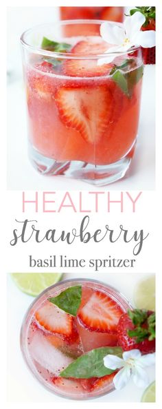 healthy strawberry basil lime spritzer in a glass with strawberries on the rim