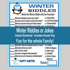 winter riddles or jokes for kids to play on the snowman and penguin theme