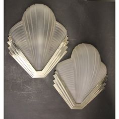 two white scallop shells sitting on top of a table