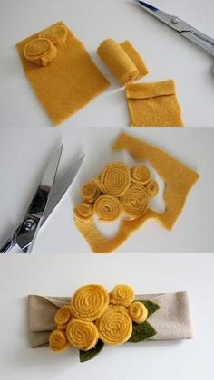 three pictures show how to make felt flowers and napkins with scissors, yarn or fabric