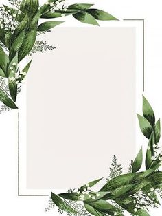 a white square frame with green leaves and flowers on the edges is surrounded by greenery