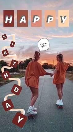 two women in orange dresses skateboarding down a road with the words happy on it