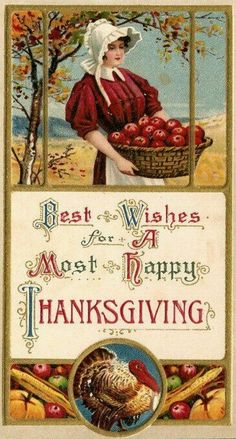 a thanksgiving postcard with an image of a woman holding a basket of apples