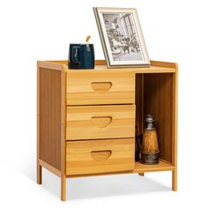 a wooden cabinet with two drawers and an open drawer