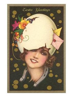 an old fashioned easter card with a woman's head wearing a paper hat and flowers