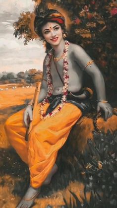 a painting of a woman sitting on the ground with flowers in her hair and an orange dress