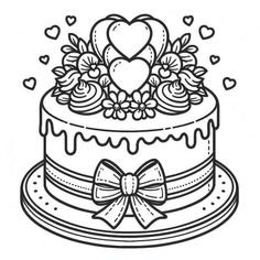 a heart shaped cake with flowers and hearts on top, outlined in black and white