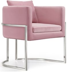 a pink chair sitting on top of a metal frame