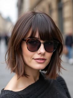 27 Layered Shag Haircuts with Fringe for Every Face Shape Mid Length Hair With Bangs Brunette, Medium Length Bob With Fringe, Emma Watson Fringe, Medium Length With Fringe, Layered Bob Fringe, Angled Bob Bangs, Lob Haircut With Glasses, Chin Length Haircut With Layers, Shoulder Length Layered Haircuts With Bangs