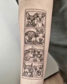 a person with a tattoo on their arm that has four pictures of dogs in it