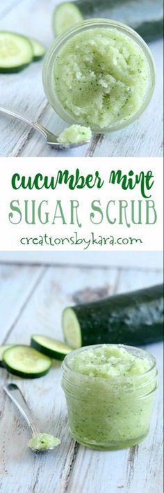 Cucumber Mint Sugar Scrub - Soften up that dry flaky skin with this all natural sugar scrub. It is so easy to make, and a great gift idea! Recipe Cucumber, Wax Recipe, Mint Sugar Scrub, Mint Sugar, Homemade Scrub, Sugar Scrub Recipe, Diy Kosmetik, Coconut Oil Uses, Diy Body Scrub