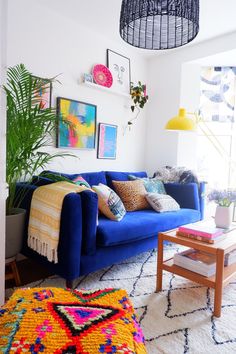 a living room with blue couches and potted plants on the wall above them