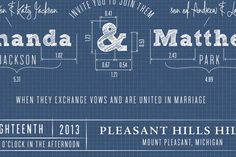 the wedding announcement for amanda and mather, which is printed on blueprint paper