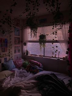 an unmade bed with plants hanging from the window