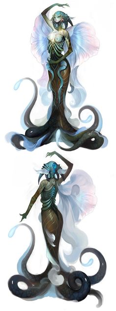 two different images of a woman with wings on her head and body, one is holding a