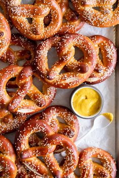 pretzels and mustard on a tray ready to be eaten