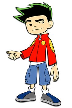 an image of a cartoon character with green hair and blue jeans, wearing a red jacket