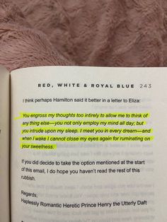 an open book with the words red, white and royal blue written in yellow on it