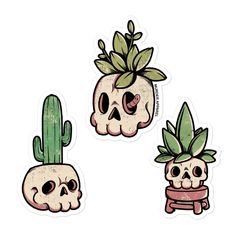 three stickers with skulls and plants on them