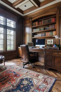 a home office with wood paneling and lots of books on the shelves, along with a large rug