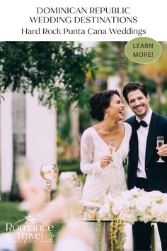 a man and woman standing next to each other holding champagne glasses in their hands, with the caption romantic republic wedding destinations hard