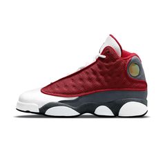 Dressed in a Gym Red, Flint Grey, White, and Black color scheme.This colorway was created initially for Kevin Martin during his days with Houston Rockets. The Air Jordan 13 “Red Flint” looks similar to Kevin Martin’s Jordan 13 PE featuring White leather on the toe, Red reflective mesh on the side panels and Flint Grey suede on the mudguards and heels. Jordan 13 Flint, Jordan 13 Red, Jordans Retro, Retro Gym, Jordan Model, Air Jordan 13 Retro, Jordan 13 Retro, Air Jordan Sneakers, Nike Air Jordans