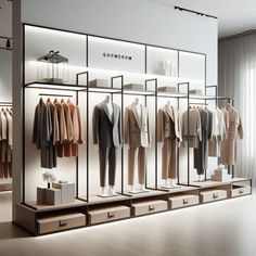 a clothing store with clothes on racks and drawers in front of the display case,