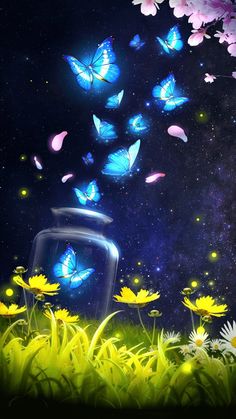 butterflies are flying in the night sky above flowers and a vase with water inside it