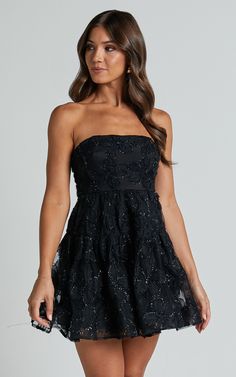 Marzy Mini Dress - Strapless Floral Detail Lace Fit and Flare Dress in Black Short Dresses Classy, Winter Formal Dresses Short, Identical Triplets, Hoco Inspo, Semi Dresses, Cute Formal Dresses, School Dance Dresses, Cute Homecoming Dresses, Winter Formal Dresses