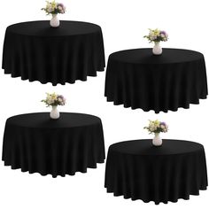 four black round tables with white vases and flowers on each tablecloth, set against a white background