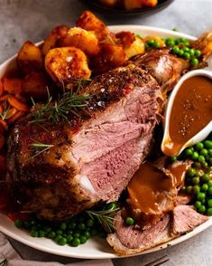 a plate with meat, potatoes and peas on it