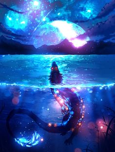 a woman floating on top of a body of water under a sky filled with stars