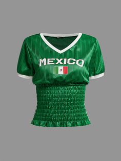 Diy Sports Shirts, Mexican Inspired Outfit, Reworked Jersey, Green Top Women, Sweet 16 Outfits, Reworked Clothes, Mexico Shirt, Monochromatic Fashion, Outfit Collage