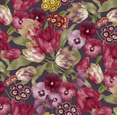 Fleur - Packed Pansies and Tulips from the Laurel Collection by Timeless Treasures Timeless Treasures Fabric, Elegant Bouquet, Fabric Bolts, Purple Backgrounds, Timeless Treasures, Large Flowers, Flower Making, Small Flowers, Floral Fabric