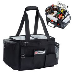 the cooler bag is filled with bottles and utensils